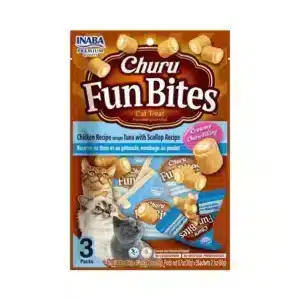 Churro Fun Bites is a treat for cats with tuna and scallops