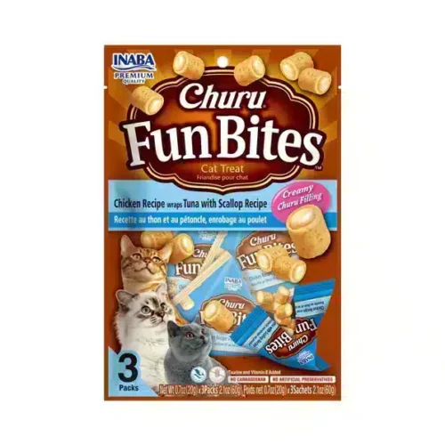 Churro Fun Bites is a treat for cats with tuna and scallops