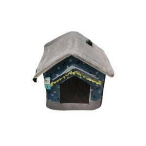 A hut-shaped cat house and bed in multiple colors
